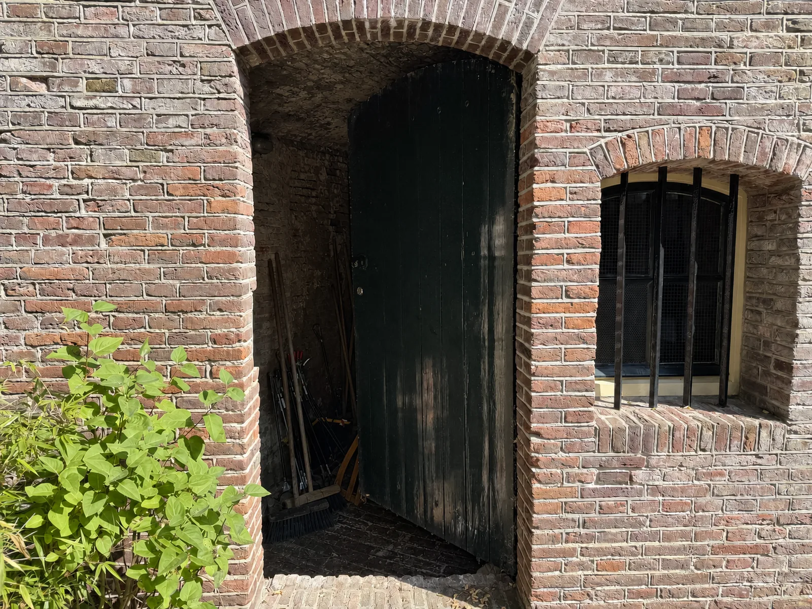 De halfopen groene deur met het gereedschap zichtbaar in de werfkelder
